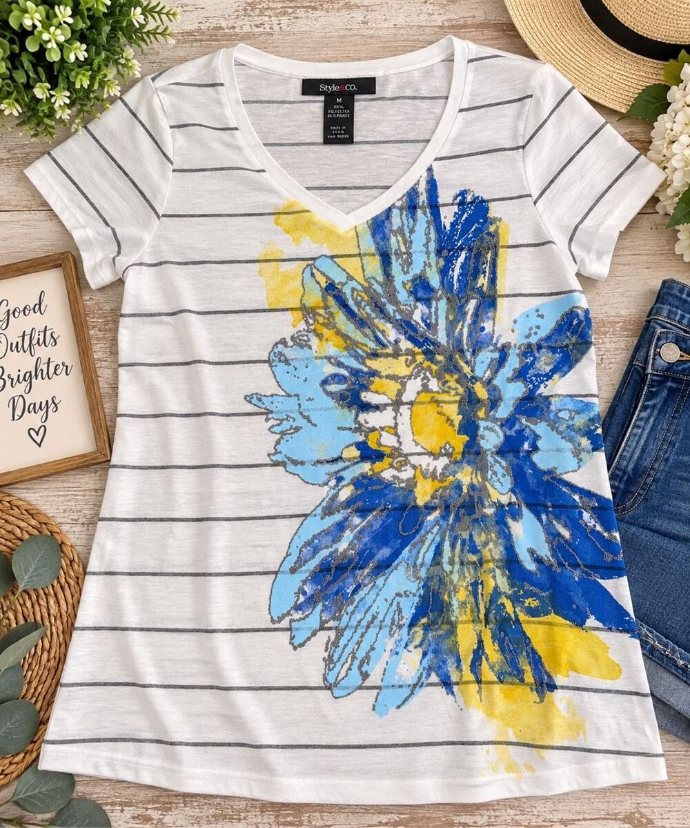 Style & Co Women’s Medium White Gray Stripe Blue Yellow Floral V-Neck Embellishe